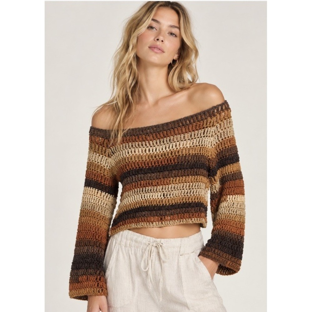 Handmade Womens Crocheted Brown Ombre Open Knit Crop Sweater Bell Sleeve Layer